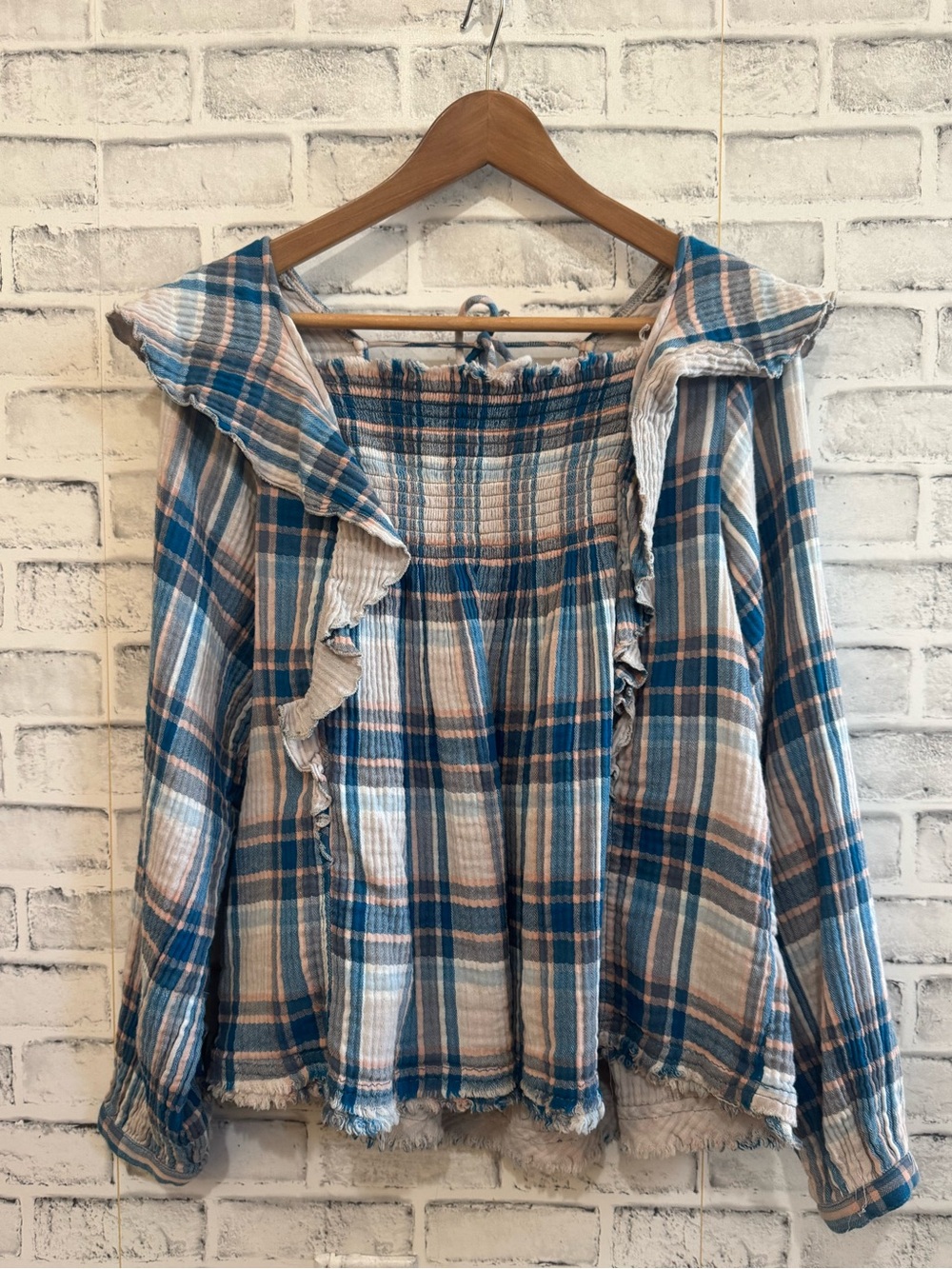 Women’s We the Free~ Free People blue/pink and white plaid ruffle shirt XS - Picture 1 of 3